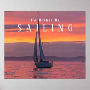 Sailboat Sunset Oranje Gold Paars Sky, White Text Poster