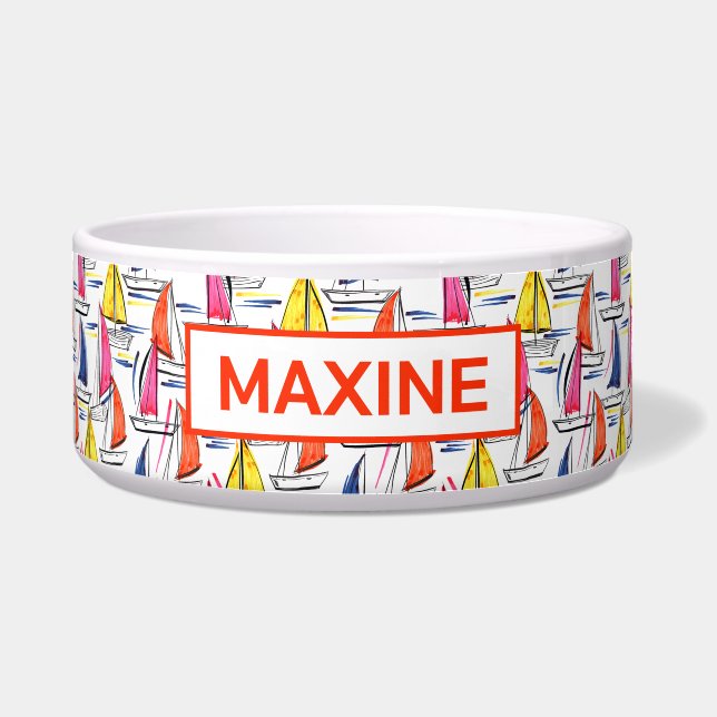 Sailboot Sailing Nautical Summer Pattern Pet Voerbakje (Voorkant)