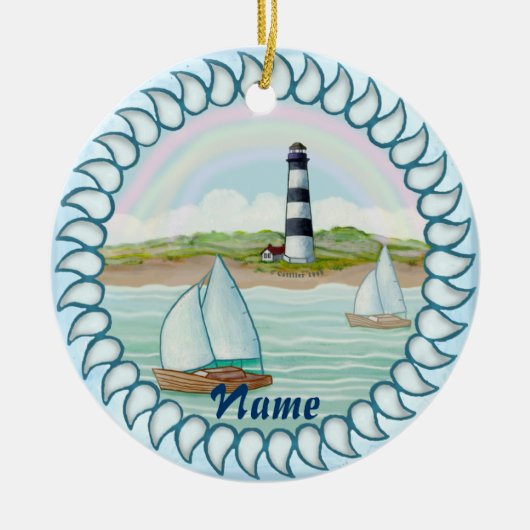 Sailboten Vuurtoren aangepaste naam ornament (Voorkant)
