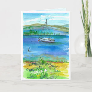 Sailing Mountain Lake Waterverf Happy Birthday Kaart