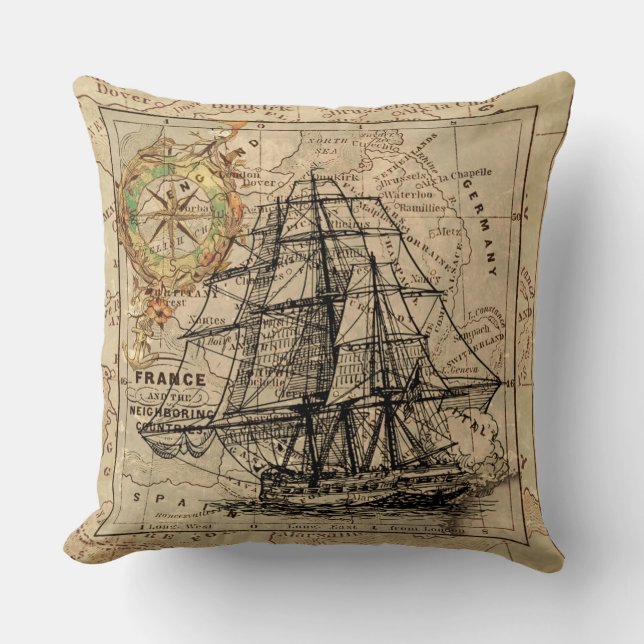Sailing Ship Map Compass Design Kussen (Voorkant)