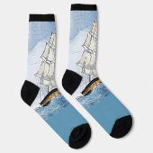 Sailing Ship Waves op Zee Illustration Light Blue Sokken (Rechts)