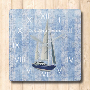 Sailing Yacht Clock Blue and White Vierkante Klok