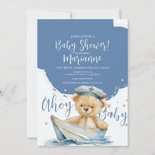 Sailor Bear Boy Baby Shower Invitation (Devant)