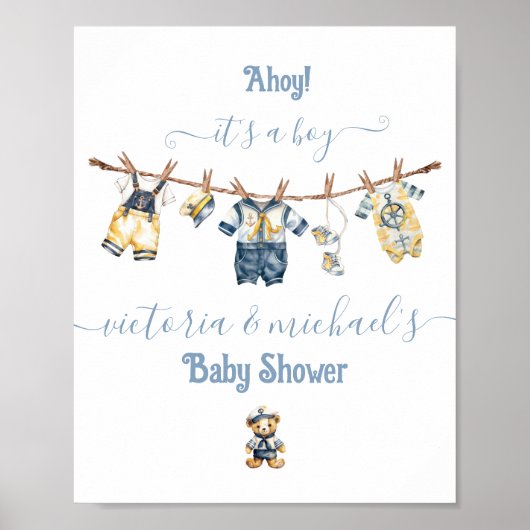 Sailor Nautical Clothesline Baby shower Welkom Poster (Voorkant)