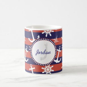 Sailor Nautical navy blue and red strees monogram Koffiemok