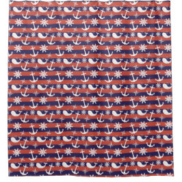 Sailor Nautical navy blue and red stripes Douchegordijn