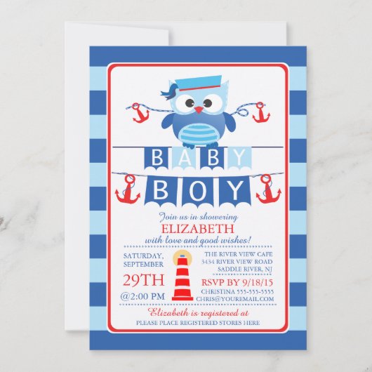 Sailor Owl Nautical Boy Baby shower Invitation (Devant)