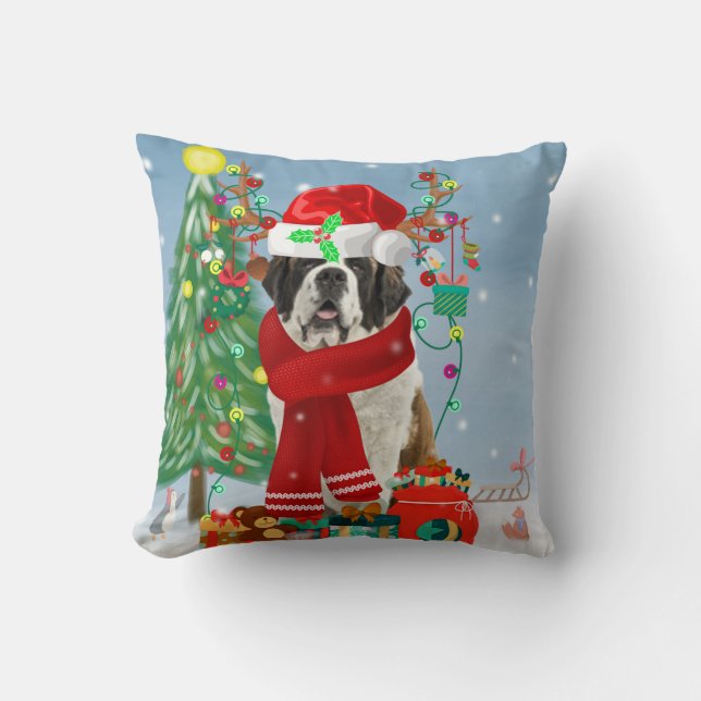Saint Bernard Chien en Neige Oreiller de Noël (Recto)