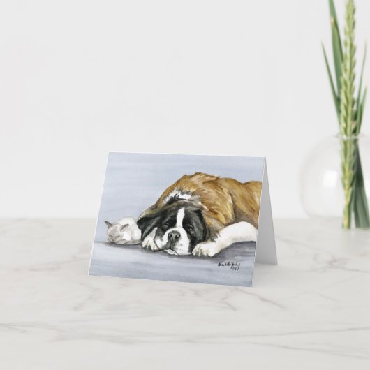 "Saint Bernard en Kitten" Dog Art Notecard Kaart (Voorkant)
