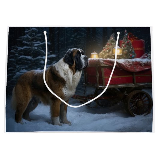 Saint Bernard Snowy Sleigh Kerstdecoratie Groot Cadeauzakje (Voorkant)