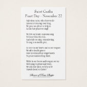 Saint Cecilia Prière Musiciens Vintage Carte Saint (Dos)
