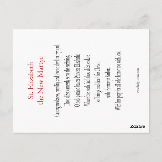 Saint Elizabeth de New Martryr Prayer Card Briefkaart (Achterkant)