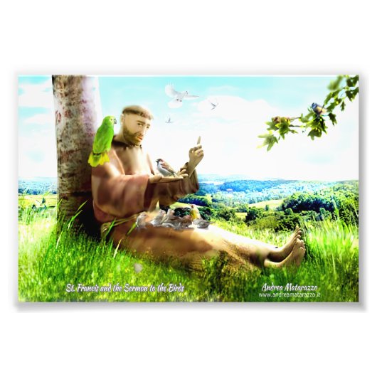 Saint Francis en de preaches van de vogels Foto Afdruk (Voorkant)