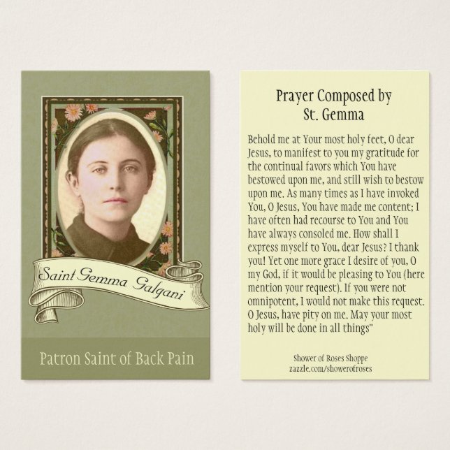 Saint Gemma Galgani Saint of Back Pain Carte Saint (Devant & derrière)