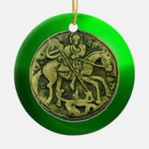 SAINT GEORGE, DRAGON/MADONNA EN KINDERMEDALLION KERAMISCH ORNAMENT