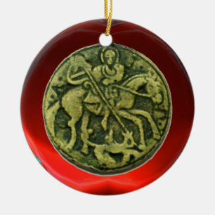 SAINT GEORGE, DRAGON/MADONNA EN KINDERMEDALLION KERAMISCH ORNAMENT