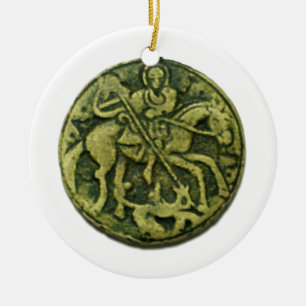 SAINT GEORGE, DRAGON/MADONNA EN KINDERMEDALLION KERAMISCH ORNAMENT