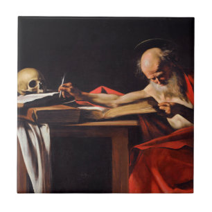 Saint Jerome Writing van Michelangelo Caravaggio Tegeltje