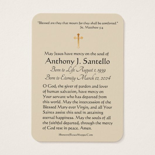 Saint Joseph Catholicisme Funeral Memorial Carte S (Dos)
