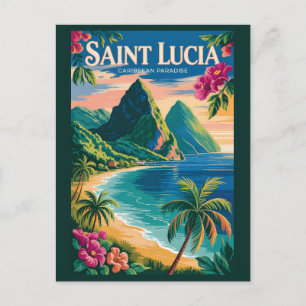 Saint Lucia Pitons Illustratie Reis Kunst Vintage Briefkaart