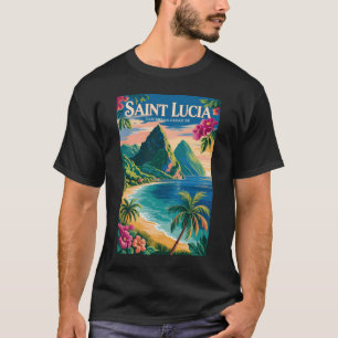 Saint Lucia Pitons Illustratie Reis Kunst Vintage T-shirt