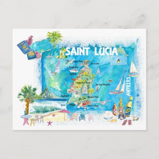 Saint Lucia West Indies Illustrated Map Briefkaart (Voorkant)