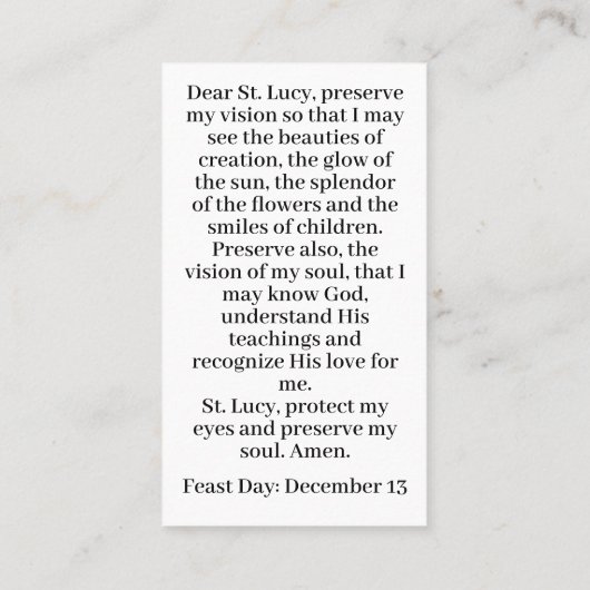 Saint Lucy  Gebed Kaart Contactkaartje (Achterkant)