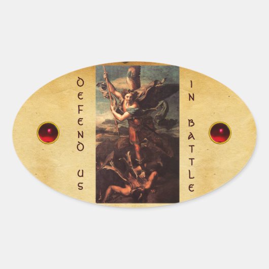 SAINT MICHAEL VANGUISHING SATAN OVALE STICKER (Voorkant)