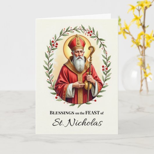 Saint Nicholas Feast Day Blessings Holly Wreath Kaart (Gele Bloem)