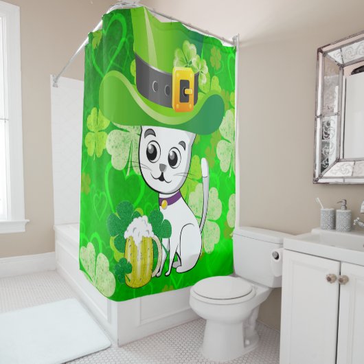 Saint Patrick's Day Shower Curtain Cat Beer Douchegordijn (In situ)
