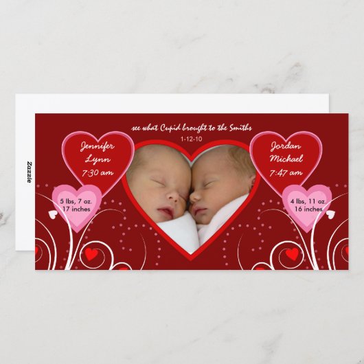 Saint Valentin - Faire-part bébé jumeaux (Devant / Derrière)