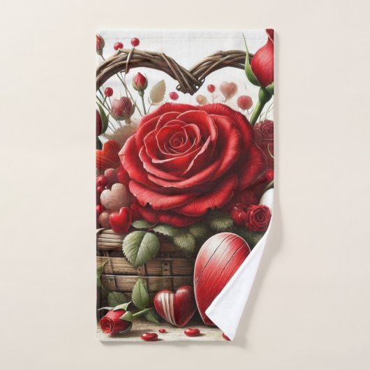 Saint Valentin Rose rouge et Coeurs (Serviette à main)