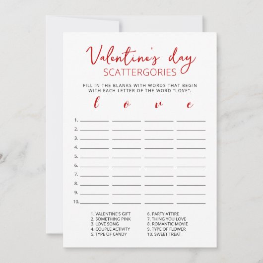 Saint Valentin Scattergories jeu modifiable Carte (Devant)