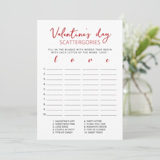 Saint Valentin Scattergories jeu modifiable Carte (Debout devant)