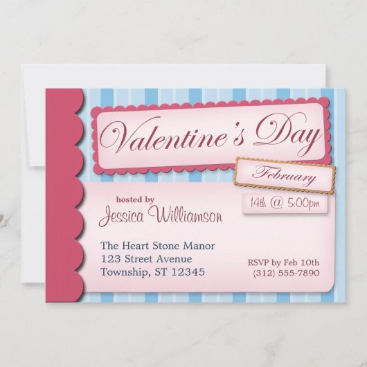 Saint Valentin Scrapbook Bleu Stripe Invitations (Devant)