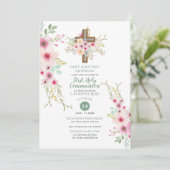 SAINTE communion Invitations Floral Cross Rose Sag (Debout devant)