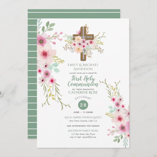 SAINTE communion Invitations Floral Cross Rose Sag (Devant / Derrière)