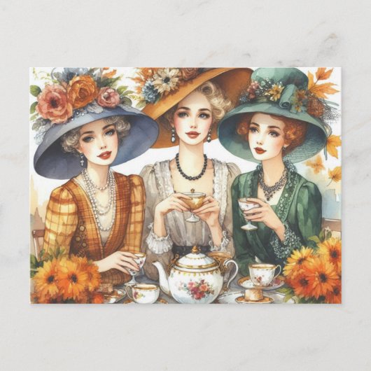 Saison Automne Retro Dames Thé Carte postale (Devant)