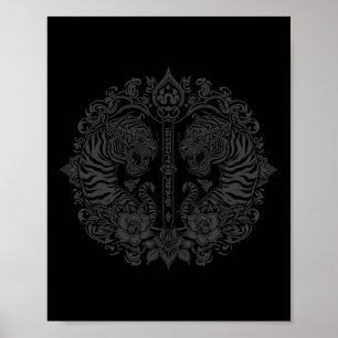 Sak Yant Muay Thai kunst tattoo dubbele tijger kic Poster