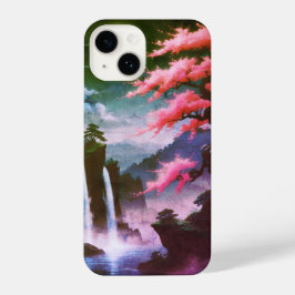 Sakora tree-Moonlit Waterfall with Cherr-pink iPhone 14 Hoesje