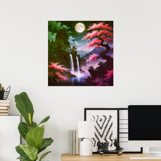 Sakora tree-Moonlit Waterfall with Cherr-pink Poster (Thuiskantoor)