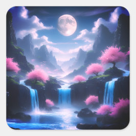 Sakora tree-Moonlit Waterfall with Cherr-pink Vierkante Sticker