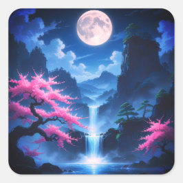 Sakora tree -Moonlit Waterfall with Cherry-nature Vierkante Sticker