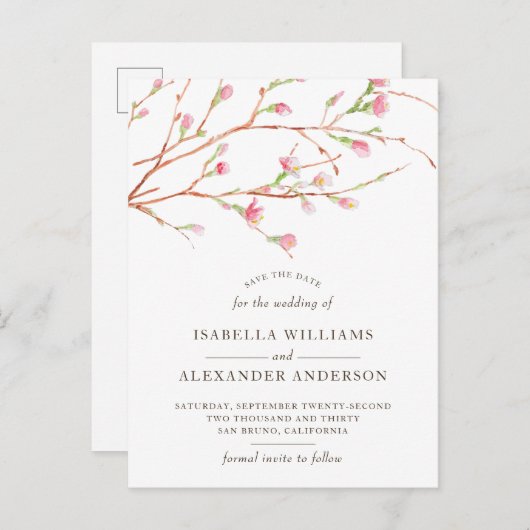 Sakura aquarelle | Carte de réservation Fleur de c (Devant / Derrière)