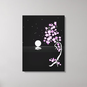 Sakura Bloeit onder een Volle Maan Canvas Afdruk