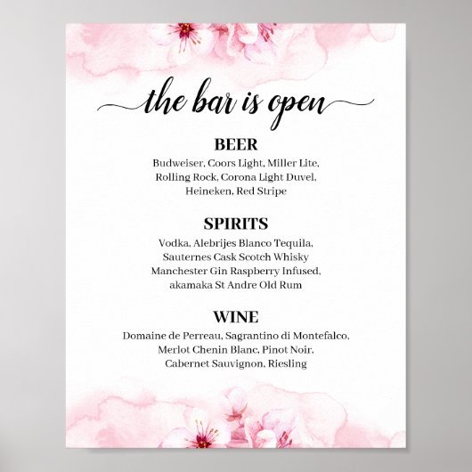 Sakura Blossom Calligraphy Wedding Bar Menu Sign Poster (Voorkant)