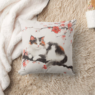 Sakura Chat Coussin décoratif - Art Floral Élégant