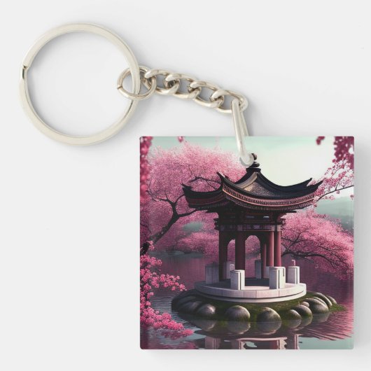 Sakura Cherry Blossom Garden Shrine Pond Japans Sleutelhanger (voorkant)