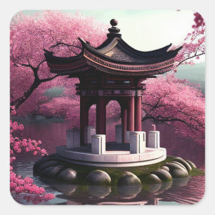 Sakura Cherry Blossom Garden Shrine Pond Japans Vierkante Sticker